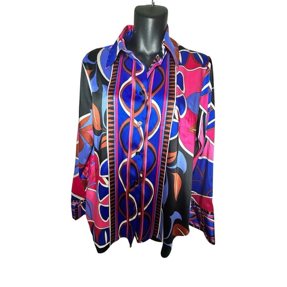 ZARA Pink Blue Pucci Printed Satin Twill Button Down Shirt Blouse Sz S Retro - Picture 1 of 11